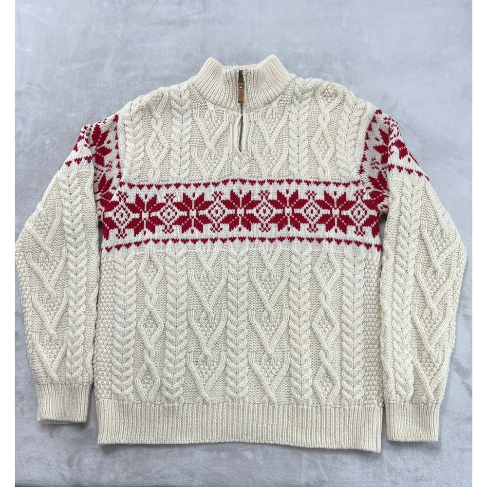 Aran Sweater Market Quarter Zip Men Medium Cream Merino Wool Fair Isle